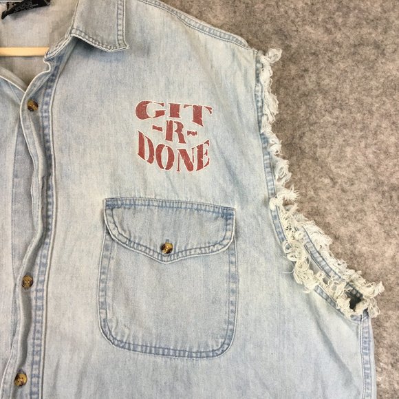 Larry the Cable Guy Shirt 2X Git R Done Cutoff Fringe Denim Button Up Rebel Flag - Picture 4 of 12